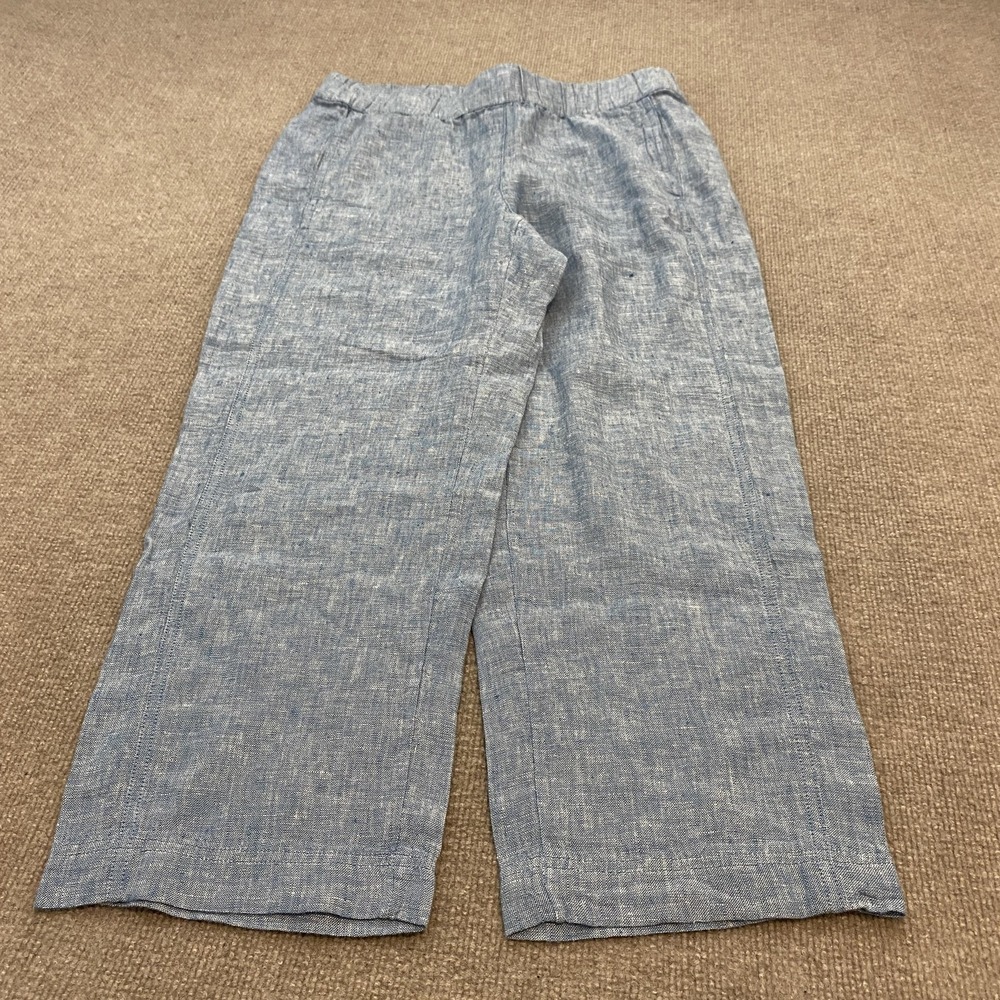 Pure Jill Pants Womens Small Blue Linen Wide Leg Cropped Elastic Waist Casual